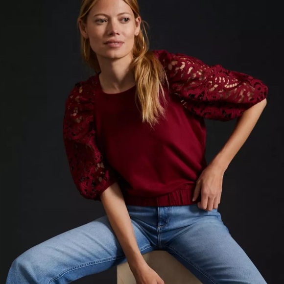 Anthropologie Tops - Anthropologie Dolan puffed lace sleeve wine Red Top women’s size small